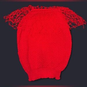 Vintage 1990s Handmade Red Crochet Off the Shoulder Top with Fringe Coachella